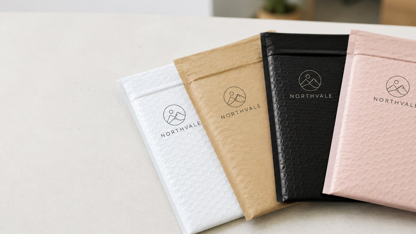 Custom printed bubble mailers with logo stacked on a packing table